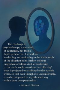 Digital illustration of a human silhouette with layered, overlapping profiles in blue, orange, and yellow tones, symbolising depth psychotherapy, awakening, and the integration of the self.